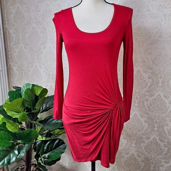 Trina Turk Size P Red Mini Dress Long Sleeve Knot Front Draping Scoop Neck EUC - Picture 1 of 9